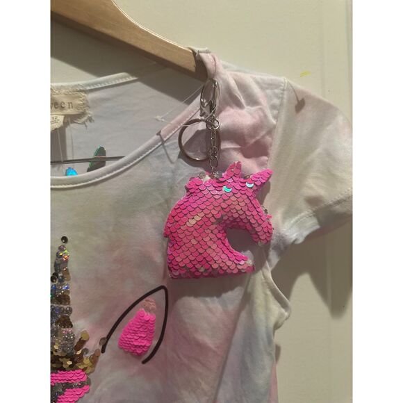 NWT BTWeen Girl Unicorn Sequined Short Sleeve Blouse & Unicorn Keychain Size 12 - Picture 2 of 9